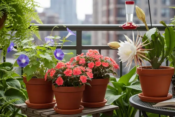 Varanda face norte: kit com três vasos que rendem flores de manhã e tarde